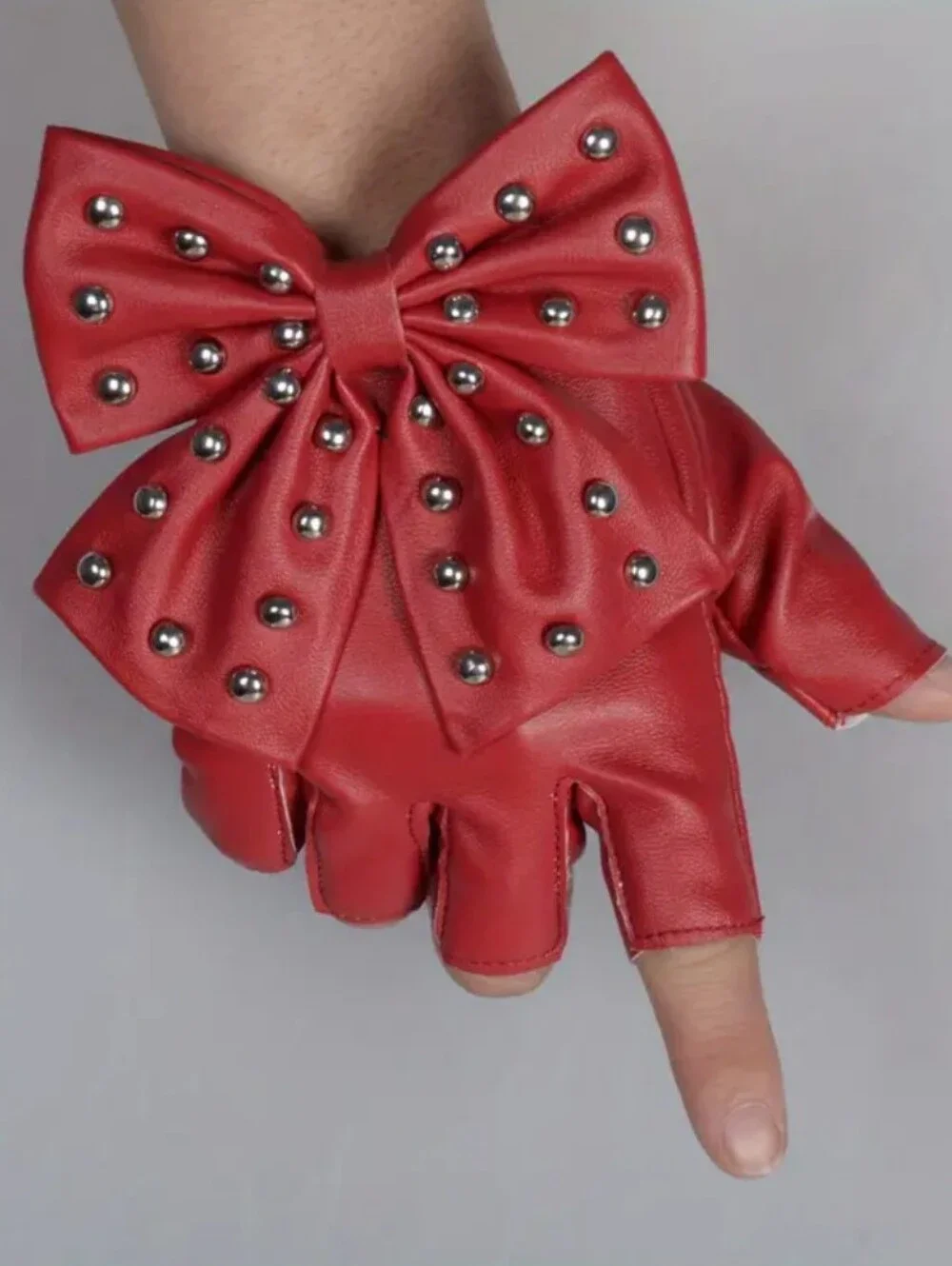 Red Studded Bow, Half-Finger, Snap-Button-Palm, Lined Faux Leather Gloves (OS)